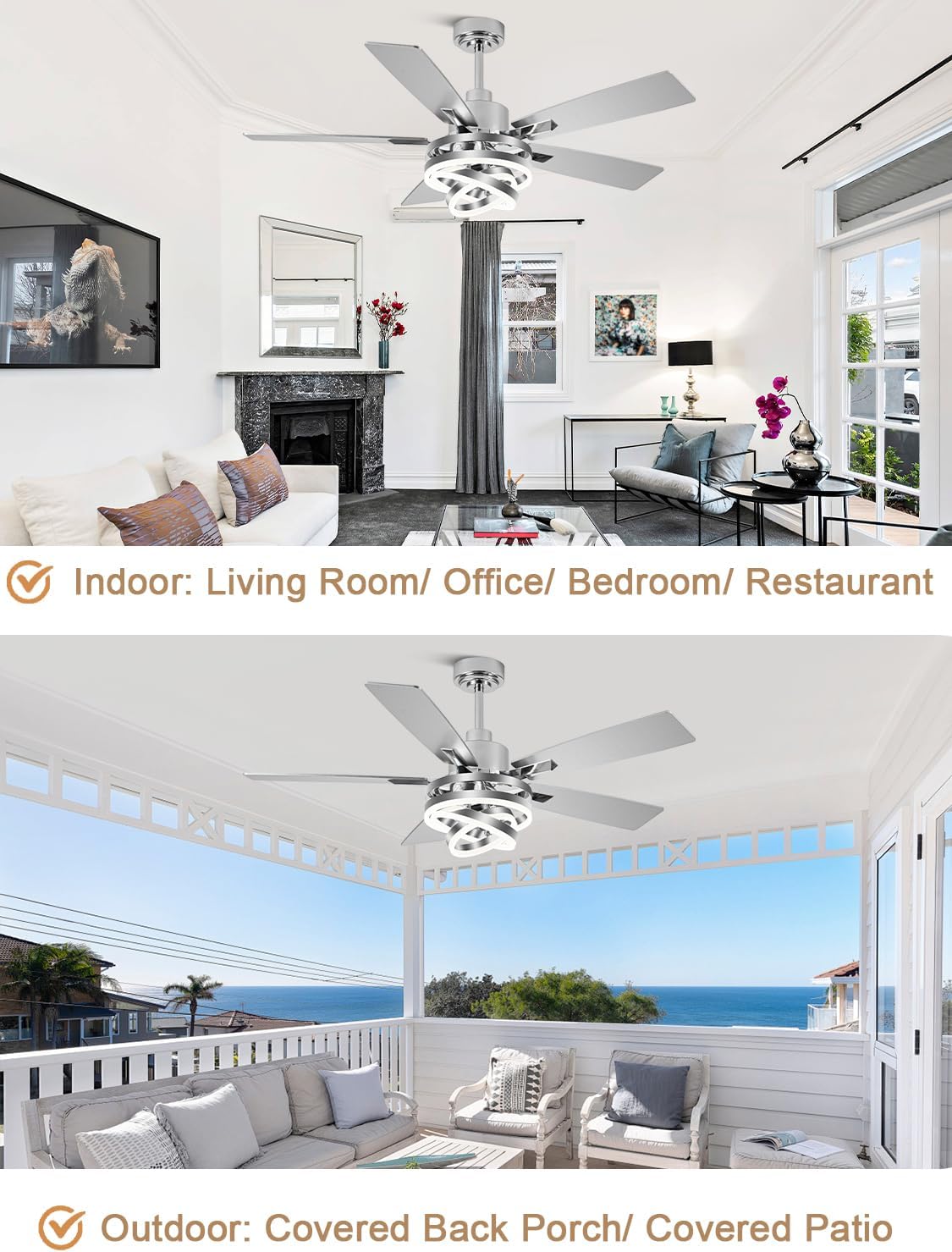 52 Inch Fandelier Ceiling Fan with Lights and Remote Modern Ceiling Fans Silver Chandelier LED Light Quiet Reversible DC Motor Dimmable 3CCT 6 Wind Speeds for Indoor Outdoor Living Room