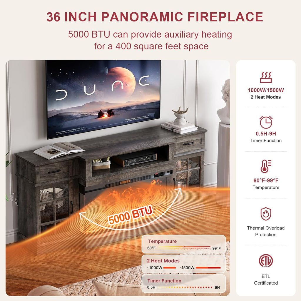 MXV 70' Fireplace TV Stand, 3-Sided Glass Fireplace and Modern Entertainment Center, Wooden Media Console with Glass Doors & Storage Drawers, LED Light, for Living Room, Grey