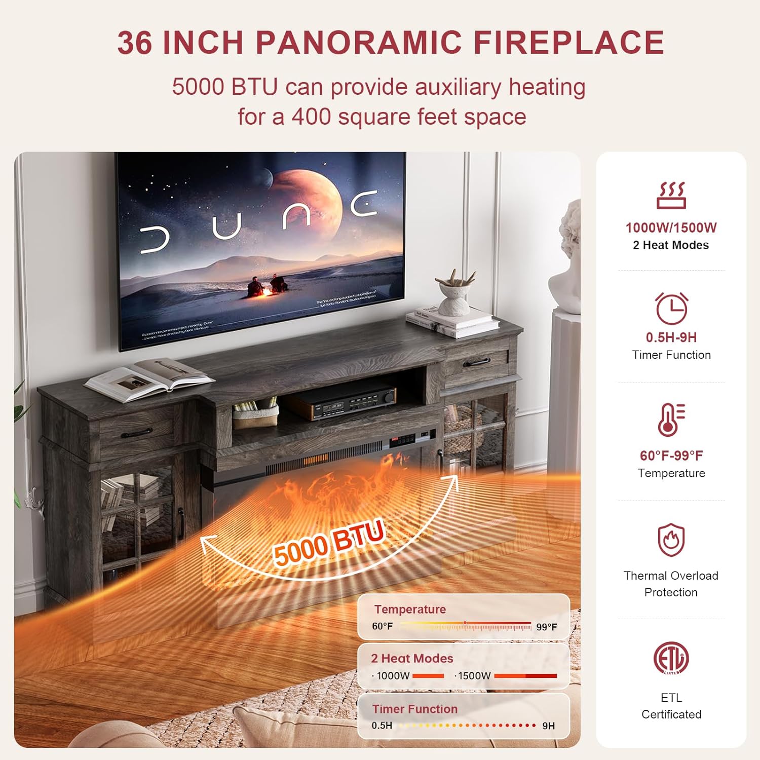 MXV 70' Fireplace TV Stand, 3-Sided Glass Fireplace and Modern Entertainment Center, Wooden Media Console with Glass Doors & Storage Drawers, LED Light, for Living Room, Grey
