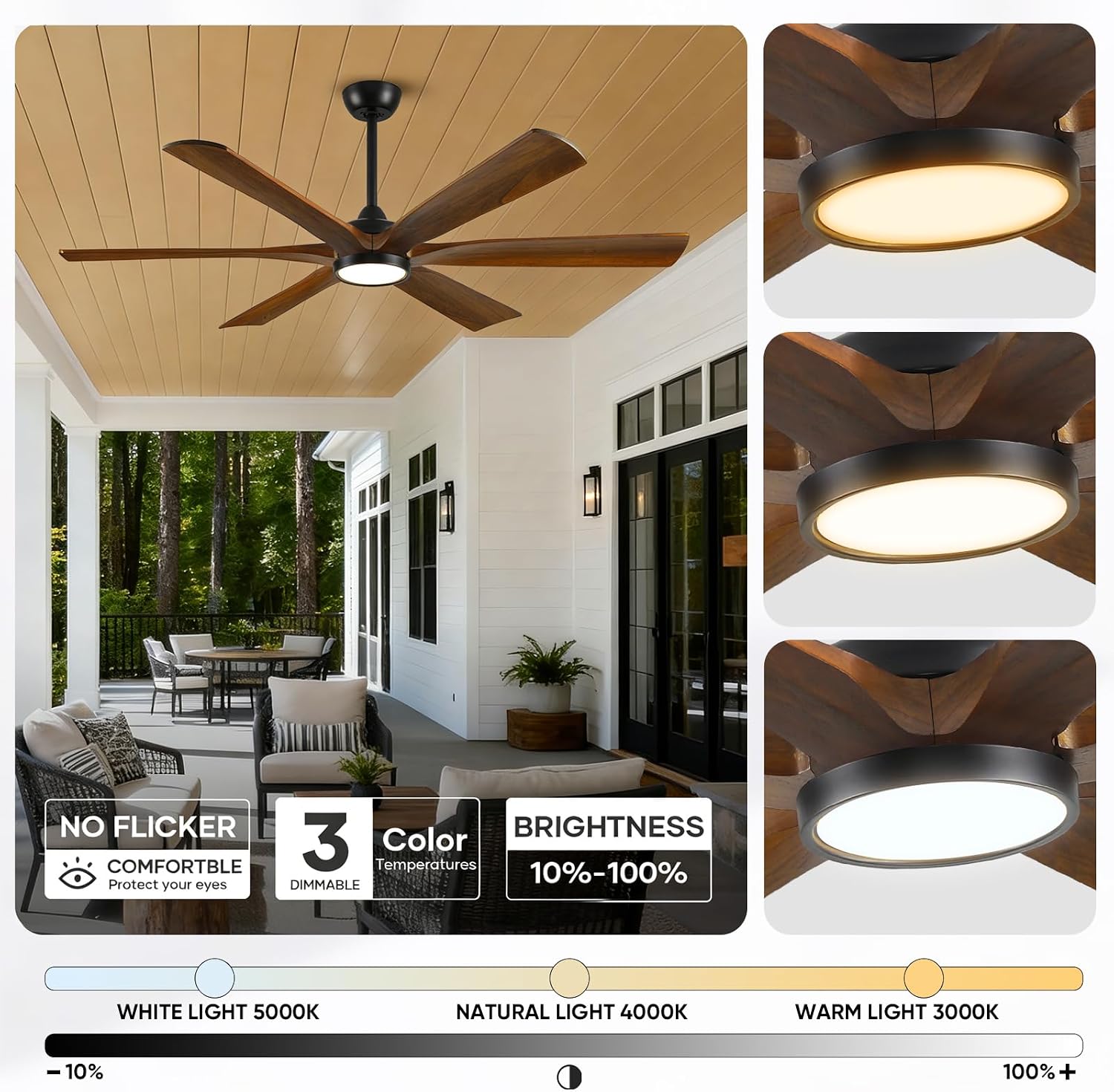 60 Inch Smart Outdoor Ceiling Fan with Lights for Patios, High CFM, Damp Rated 6 Walnut Wood Blades, Alexa Wifi Remote Control, for Modern Farmhouse Indoor Exterior Porch, for Sloped/Tall Ceiling