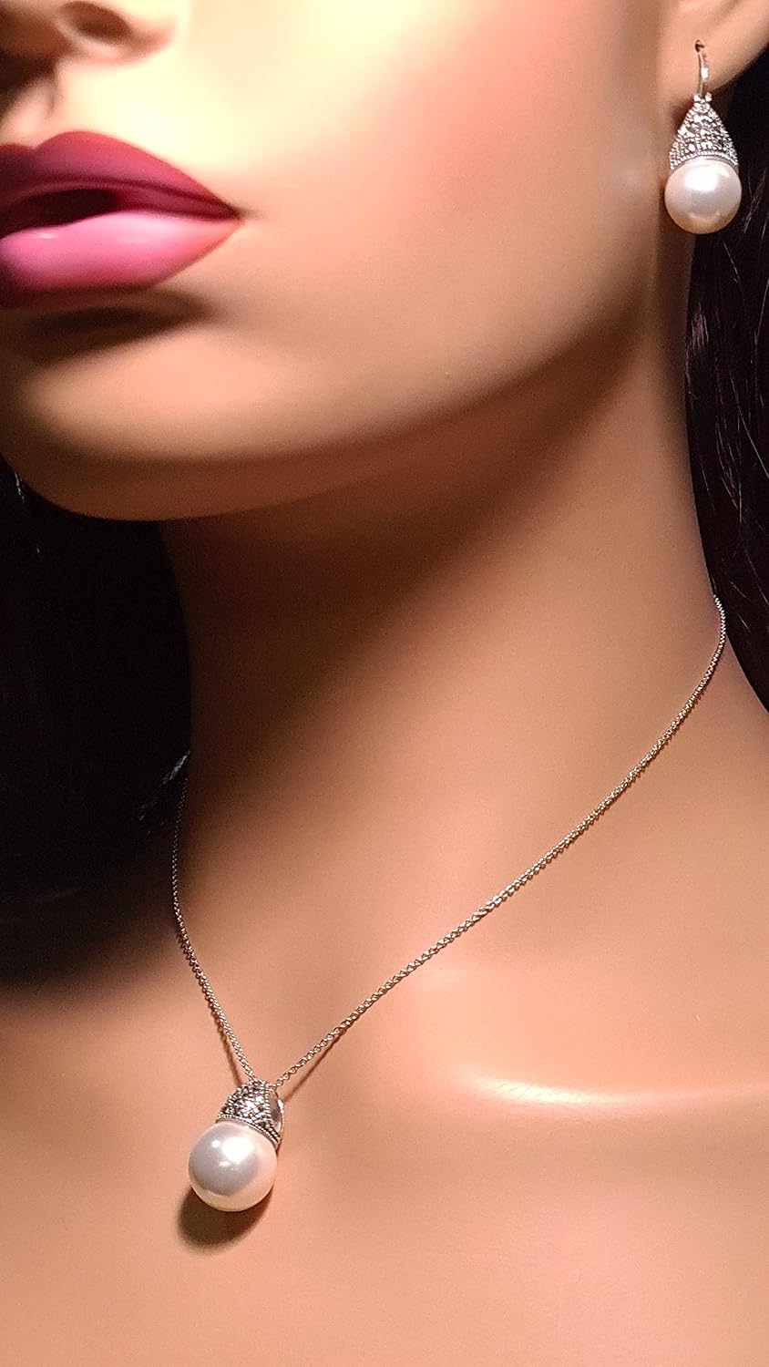 925 Sterling Silver Marcasite with Pearl 14mm Pendant, Earrings Set, Sterling Silver Chain Necklace Jewelry Set