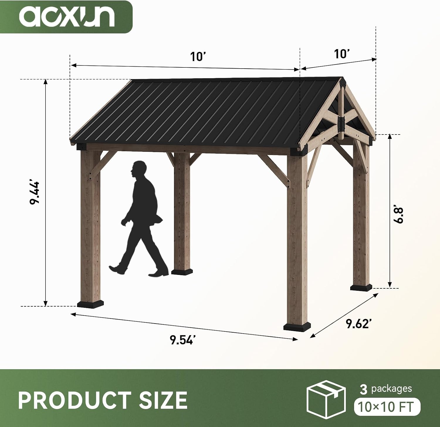 Aoxun 10' x 10' Outdoor Wood Gazebo with 20' Ceiling Fan with Light, Hardtop Gazebo Permanent Wooden Pavilion with Galvanized Steel Gable Roof, for Patio, Garden, Backyard, Cedar Wood