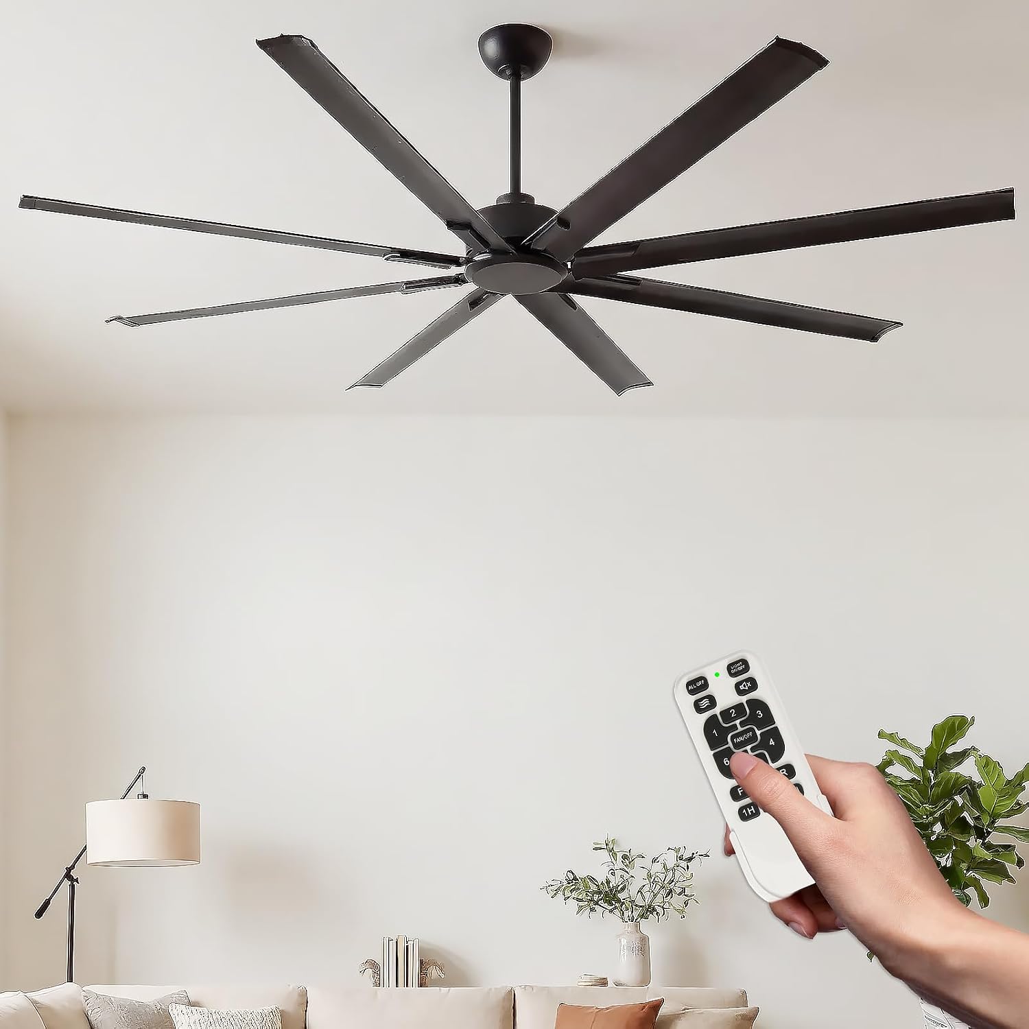72' Industrial Ceiling Fan with Remote - 8 Blade Aluminum, 9,500 CFM Airflow, Quiet DC Motor, Indoor/Outdoor, 3 Downrods, Black Commercial Fan for Garage/Warehouse/Patio