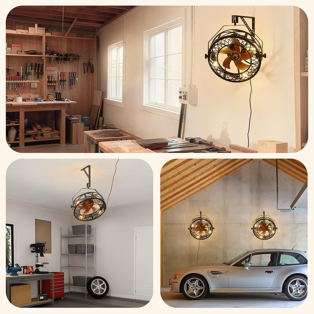 20' Wall Mount Fan with Lights, Wall Mounted Fan with Remote, 360° Adjustable Tilt Plug In Wall Fan, Indoor Industrial Fan Wall Mount for Garage, Bedroom, Workshop, Warehouse