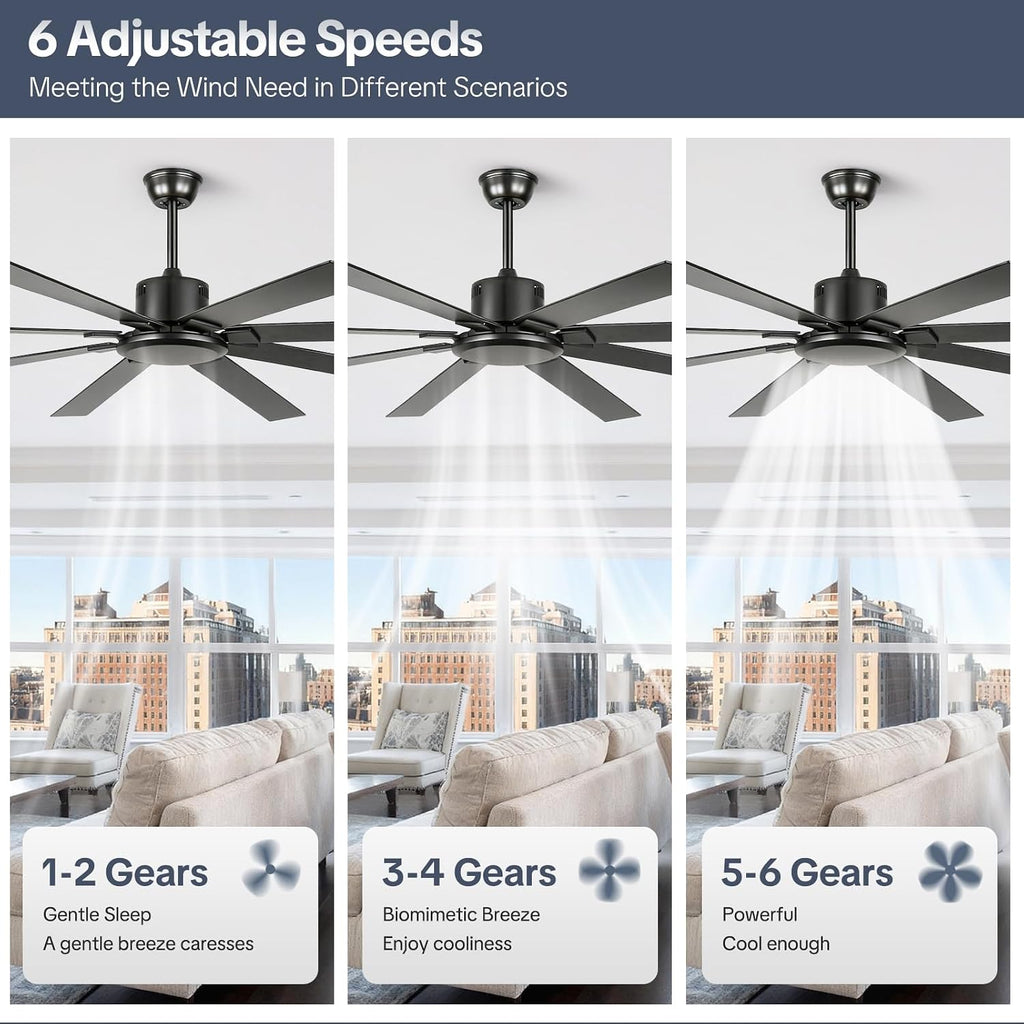 72 Inch Black Ceiling Fan No Light, Modern Ceiling Fan with Remote, 6-Speeds, Quiet Reversible DC Motor, Industrial Ceiling Fans without Lights for Patios, Living Room, Garage