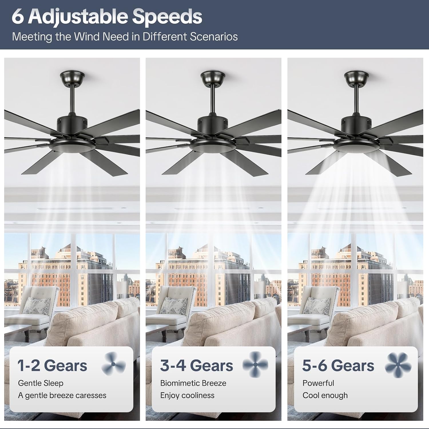 72 Inch Black Ceiling Fan No Light, Modern Ceiling Fan with Remote, 6-Speeds, Quiet Reversible DC Motor, Industrial Ceiling Fans without Lights for Patios, Living Room, Garage