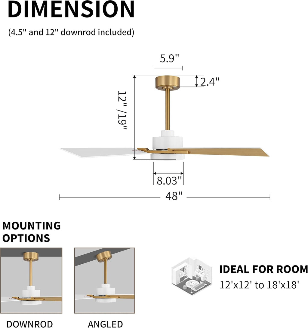 WINGBO 48 Inch Ceiling Fan with Light and Remote, 4 Plywood Blades, 6-Speed Reversible DC Motor, Dimmable, 3CCT, Farmhouse Ceiling Fan for Bedroom Living Room Kitchen, Brass and White/Oak