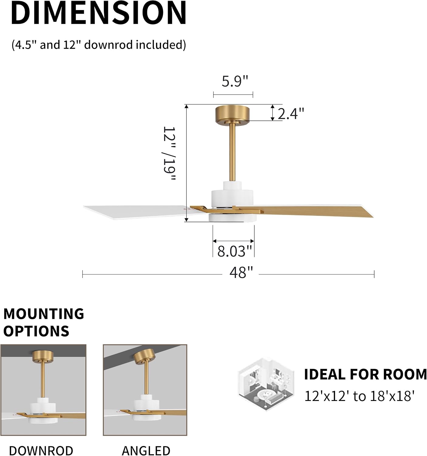 WINGBO 48 Inch Ceiling Fan with Light and Remote, 4 Plywood Blades, 6-Speed Reversible DC Motor, Dimmable, 3CCT, Farmhouse Ceiling Fan for Bedroom Living Room Kitchen, Brass and White/Oak