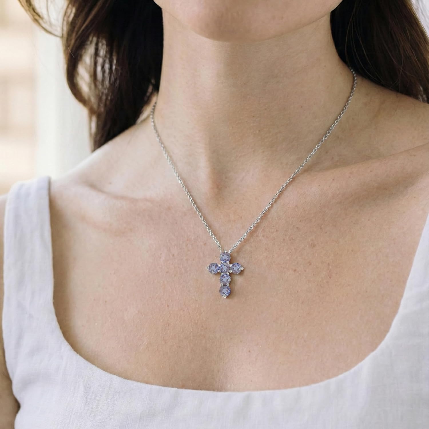 GOODSTONE JEWELS 925 Sterling Silver Cross Pendant Necklace for Women | Size 16+2 Inch Cable Chain with Lobster Clasp | Natural Birthstone Jewelry Gift for Her