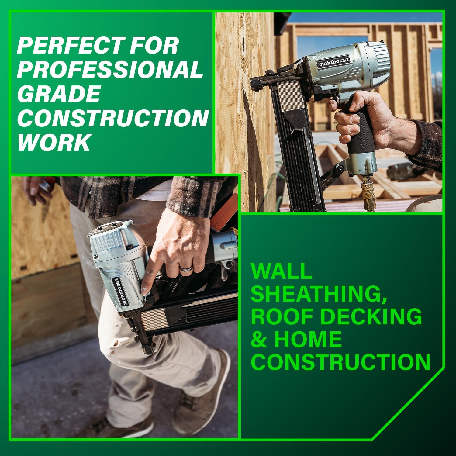 Metabo HPT 7/16' Standard Crown Stapler, Pro-Preferred Pneumatic Power Nailers, Construction Tool for Roof Decking & Subfloor Install, 16 Gauge Power Stapler, 1' to 2' Crown Staples, N5008AC2