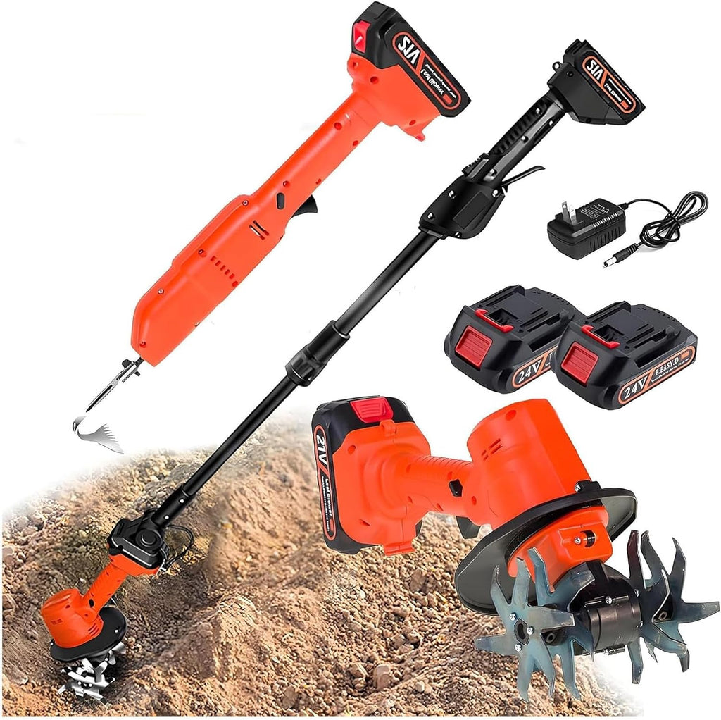 Cultivator Hoe,Cordless Tiller Cultivator with Telescopic Pole,Cultivator Garden Tool with Rechargeable Lithium Battery & Telescopic Pole,2 in 1 Gardening Tools & Rake,for Loosening Soil and Weeding