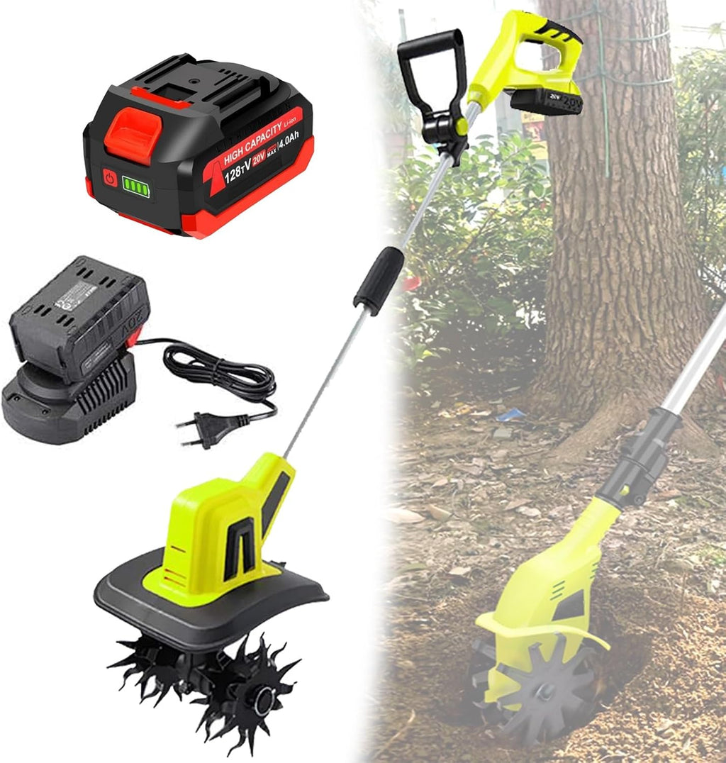 Electric Garden Tiller, Cordless Cultivator, Rotovator and Rototiller with 2×4000 mAh Lithium Battery for Lawn,Gardening,Soil Cultivation (B)
