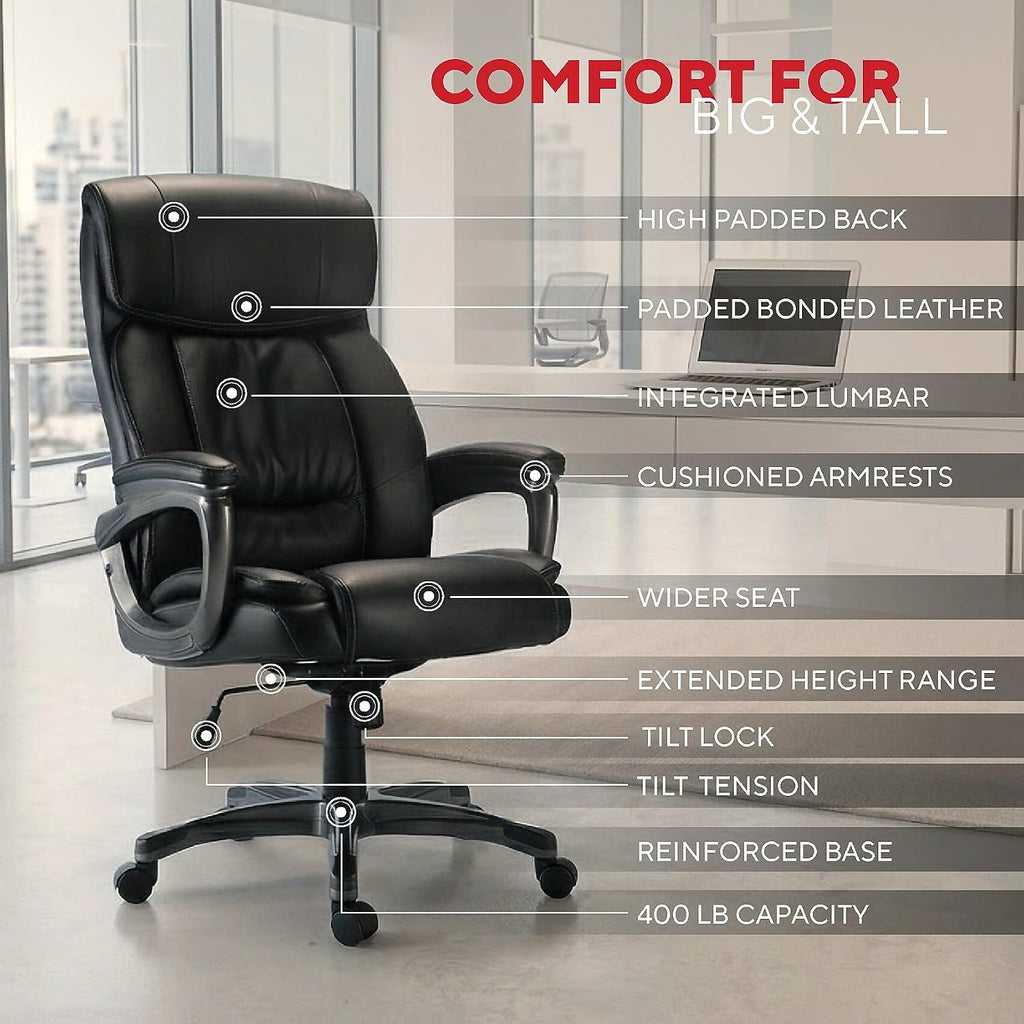 STAPLES Lockland Ergonomic Managers Office Chair, Big & Tall Cushioned, Adjustable Height, Metal Frame, Bonded Leather, for Workspace, Home, or Gaming, Black
