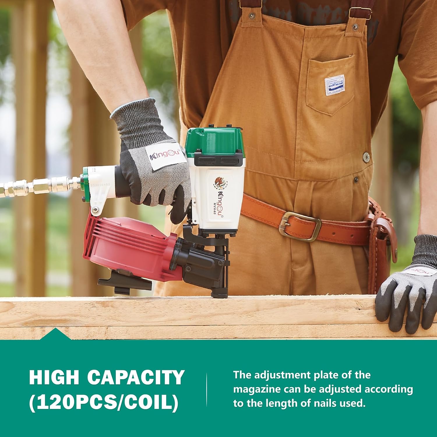 Kingou Mexican Style NVH45 Roofing Nail Gun For Roofing Constructions Accepts 7/8-Inch to 1-3/4-Inch Nails 15 Degree With 3/8 NPT Air Connector 120-pcs Load Capacity Roofing Nailer