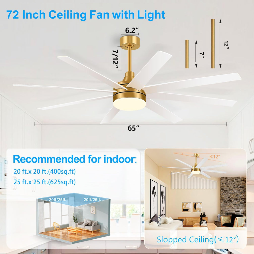 65 Inch Ceiling Fan with Lights and Remote, 8 ABS Blades, Quiet Reversible DC Motor, 6-Speed, Timer Function, 3 Color Led Light Chandelier, Industrial Ceiling Fans for Bedroom Office (Gold & White)