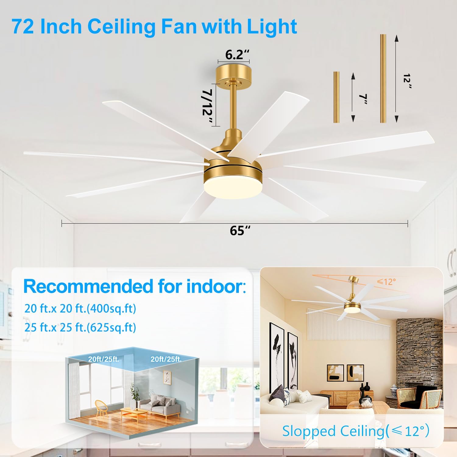 65 Inch Ceiling Fan with Lights and Remote, 8 ABS Blades, Quiet Reversible DC Motor, 6-Speed, Timer Function, 3 Color Led Light Chandelier, Industrial Ceiling Fans for Bedroom Office (Gold & White)