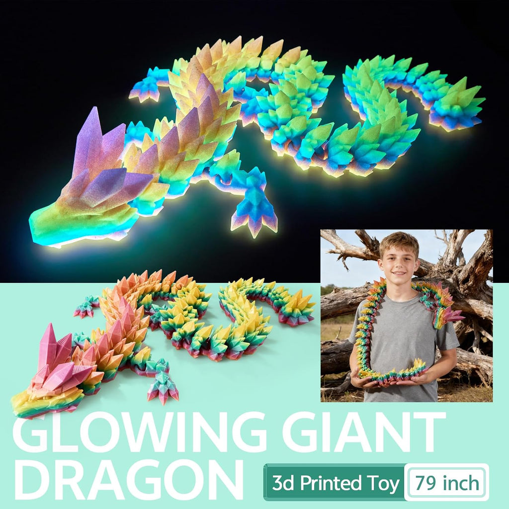 79'' Large 3D Printed Dragon Glow in The Dark,Crystal Dragon Fidget Toy,Cool Big Dragon Toy,Huge 3D Printed Dragon Gift for Girls Boys Kids Age 3-5 4-7 8-12 Years Old, Desk Decor, Collectible Gift