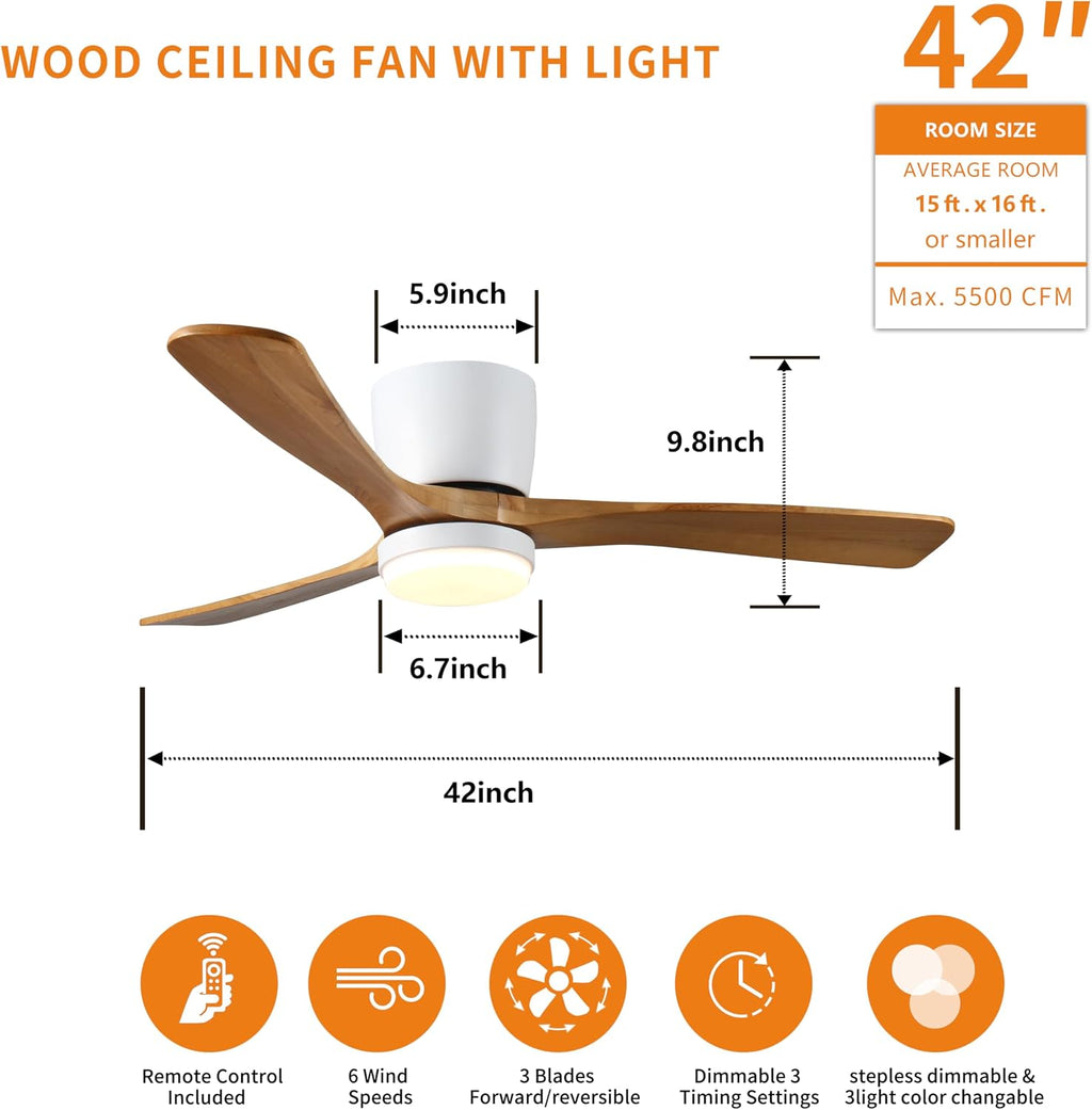 42 inch Wood Ceiling Fans with Lights and Remote, Flush Mount Low Profile Ceiling Fan with Light, 6 Speed, Reversible DC Motor, for Bedroom,Outdoor,Farmhouse,Patios