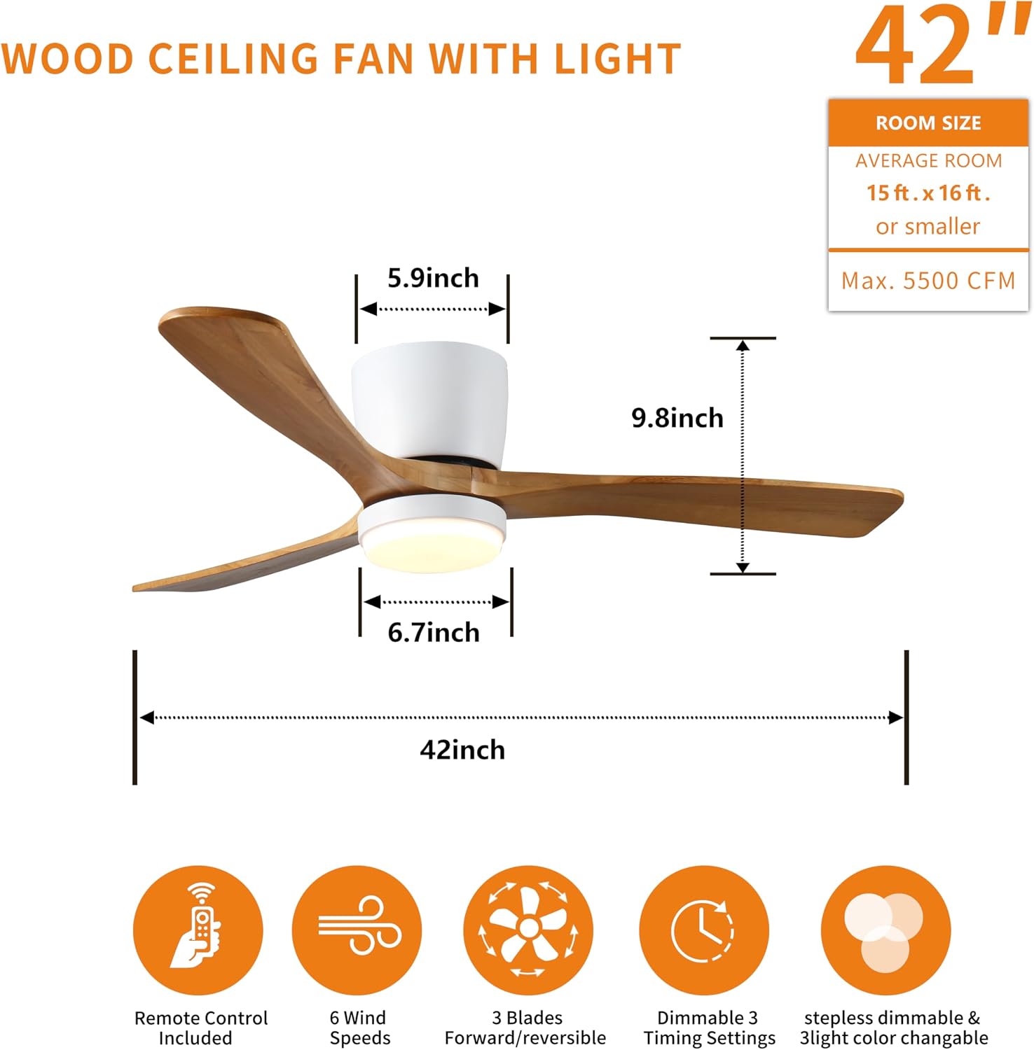 42 inch Wood Ceiling Fans with Lights and Remote, Flush Mount Low Profile Ceiling Fan with Light, 6 Speed, Reversible DC Motor, for Bedroom,Outdoor,Farmhouse,Patios