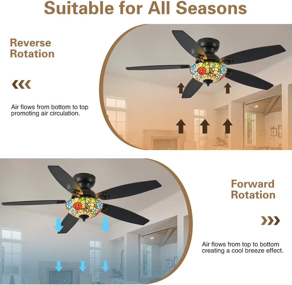 Tiffany Ceiling Fans with Lights - 52' Ceiling Fan Chandelier with 5 Dual-Blades and Glass Shade, 6 Speeds and Reversible, Indoor and Outdoor, Retro Style
