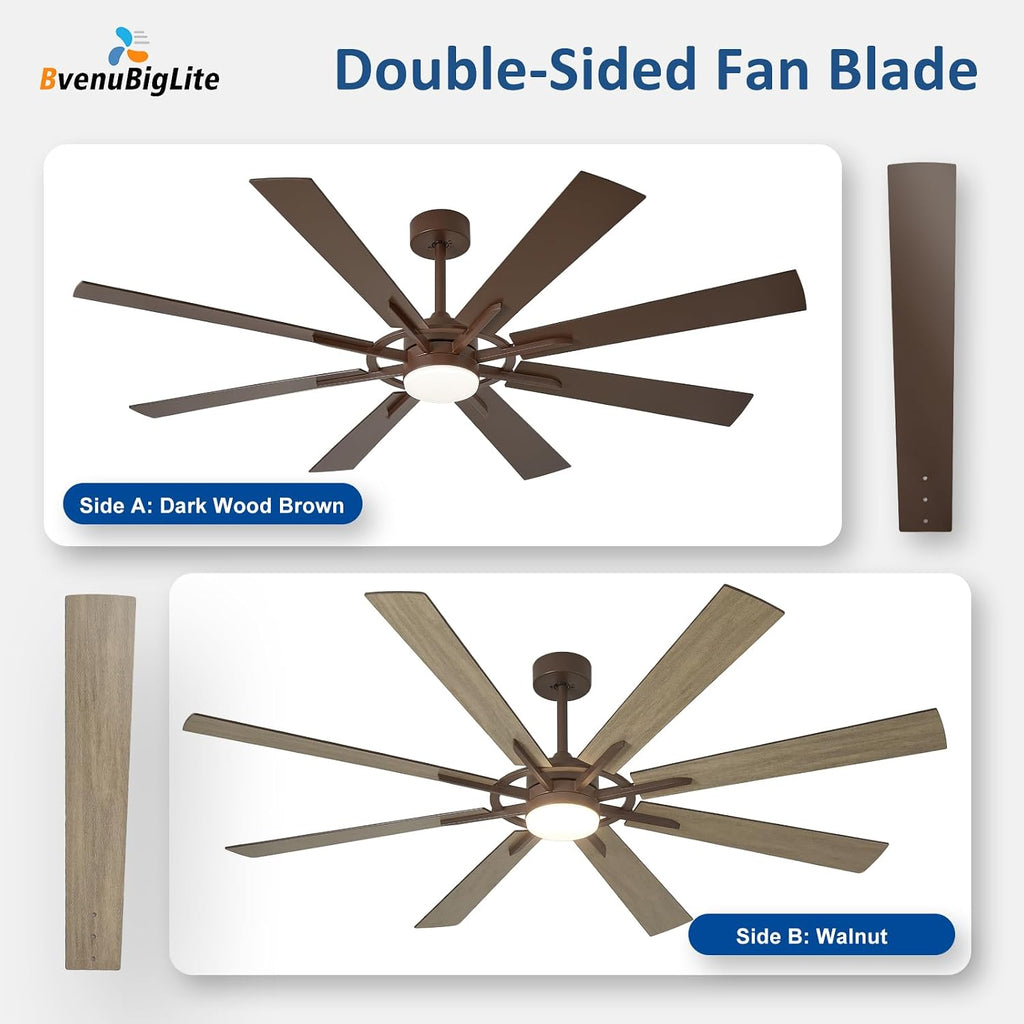 Large Ceiling Fans with Lights: Modern 66 Inch 8 Blade Outdoor Ceiling Fan with Remote APP Control - Dimmable Brown Big Fan light Indoor Reversible 6 Speed Quiet DC Motor