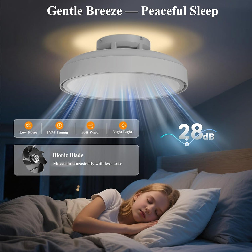 Mixoo Low Profile Bladeless Ceiling Fan with Light & Remote, Flush Mount Dimmable Ceiling Fan Lighting Kit, 6-Speed Quiet Reversible Motor for Bedroom Kids Room Kitchen Modern White(20In)