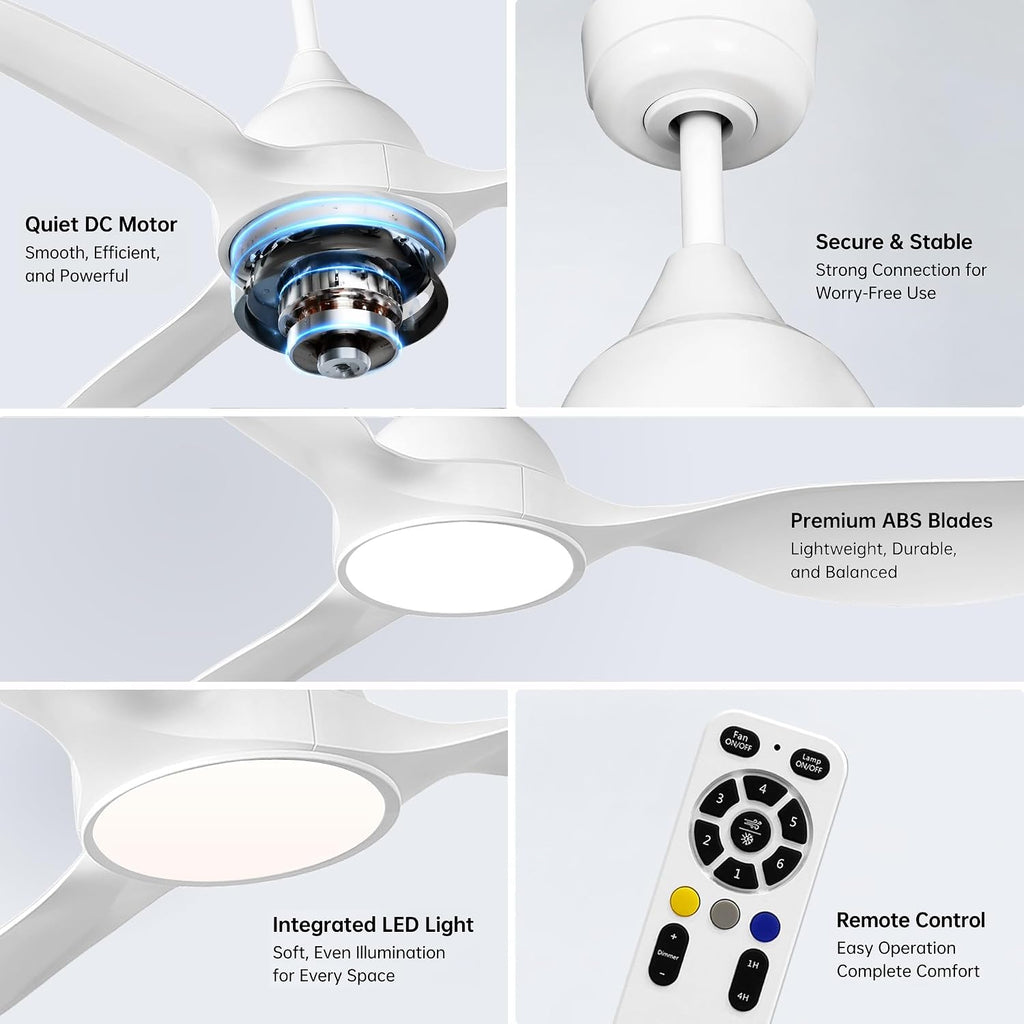 reiga 52 inch Ceiling Fans with Remote Control and Led Lights, Modern Quiet Reversible DC Motor Fan, 3 Blade High Flow for Living Room Bedroom, White