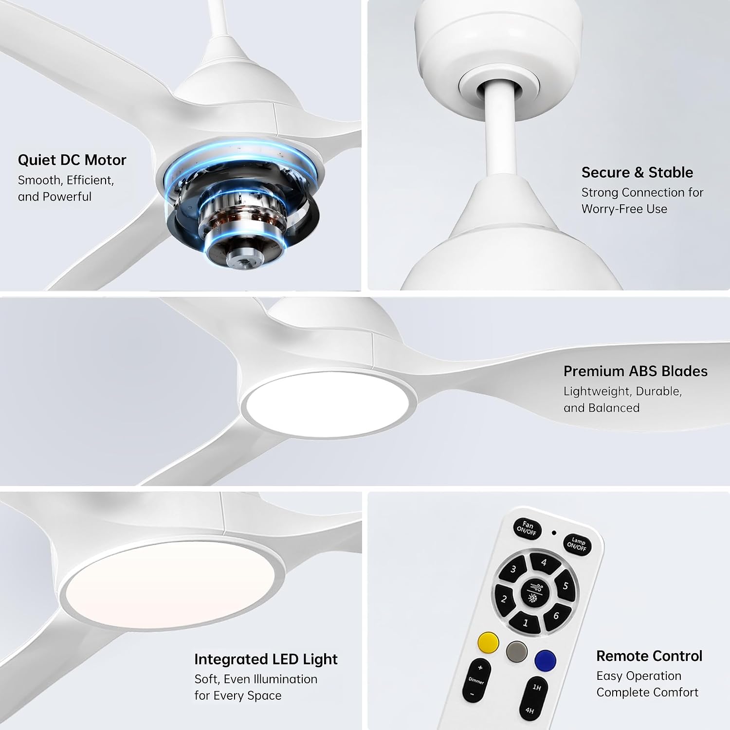 reiga 52 inch Ceiling Fans with Remote Control and Led Lights, Modern Quiet Reversible DC Motor Fan, 3 Blade High Flow for Living Room Bedroom, White
