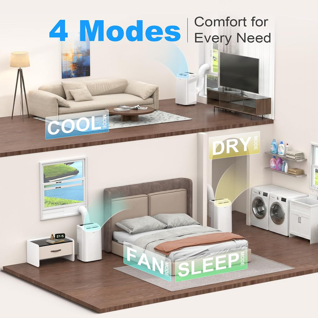 ZAFRO Portable Air Conditioner, 12000 BTU (8000 BTU SACC), Cools Rooms up to 500 Sq.Ft, Smart Portable AC Unit with Ultra-Quiet (44dB), Drainage-Free Cooling, Energy-Efficient, Easy Installation