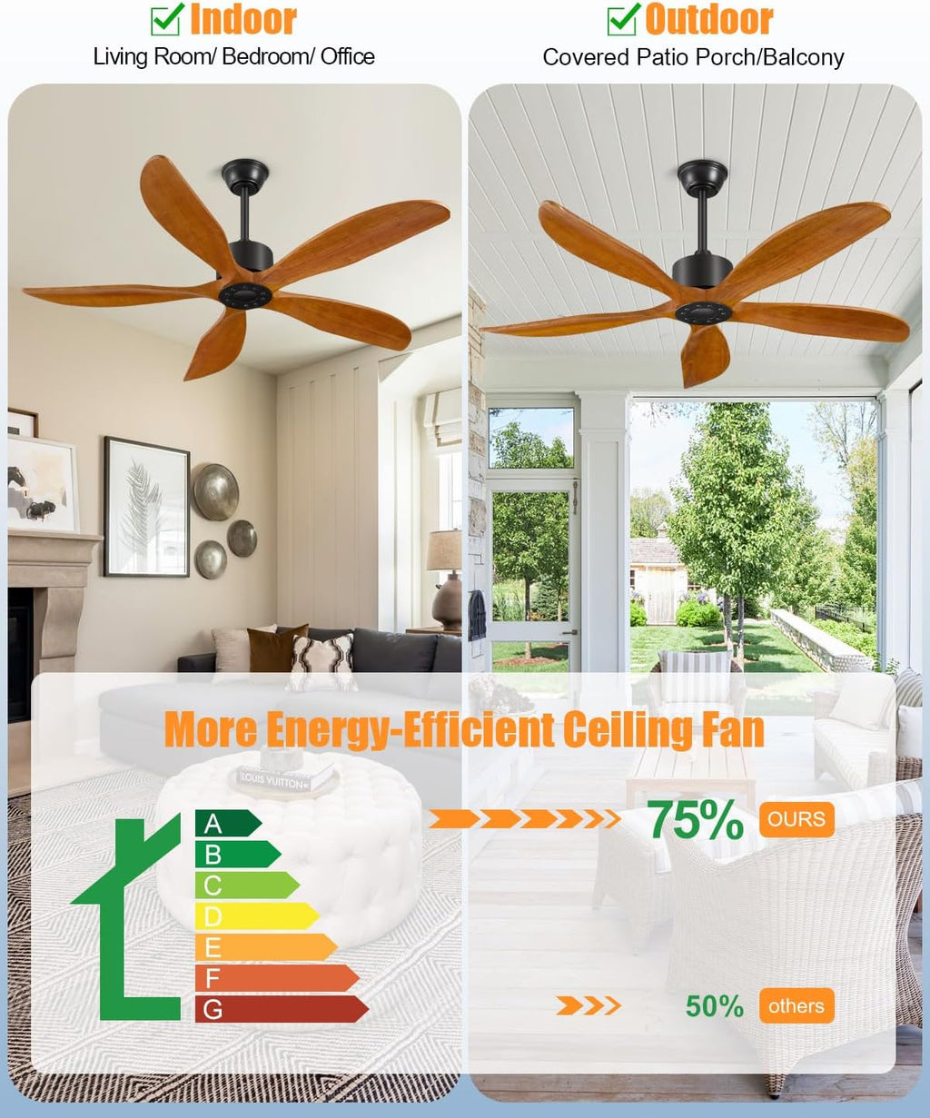Yahada 52 Inch Ceiling Fan No Light with Remote, USA Original Patent Outdoor Ceiling Fans, 5 Wood Blades, 3 Downrods, Timer, 6 Speeds ETL DC Motor Fans for Patios Bedroom, Yellow Walnut