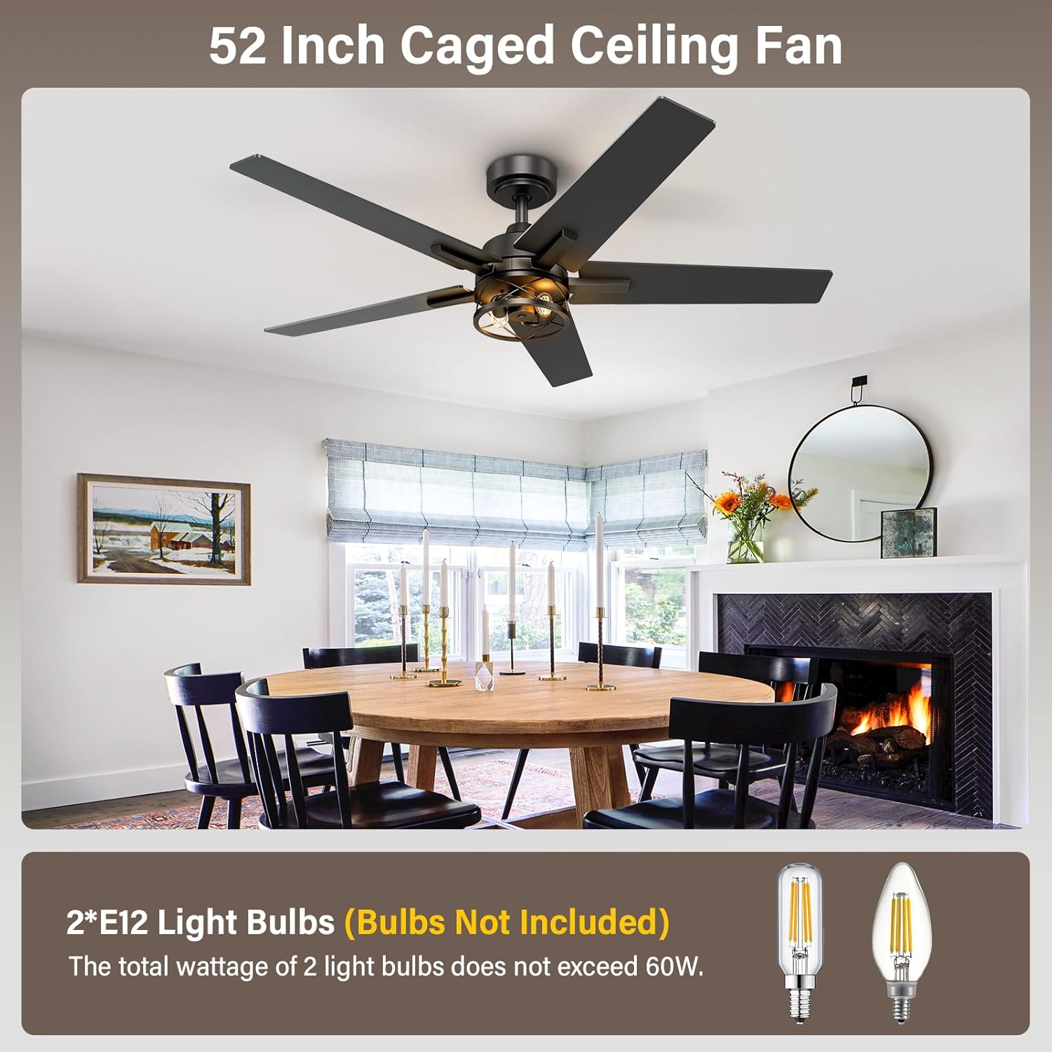 52 Inch Black Caged Ceiling Fans with Lights and Remote, Reversible, 3CCT, Dimmable, Noiseless, Double-Sided 5 Blades Ceiling Fan for Bedroom, Farmhouse, Living Room, No Light Bulbs Included