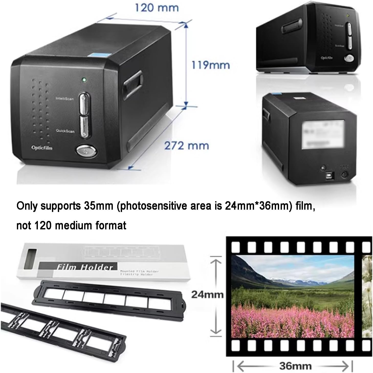 Digital Film Scanner, 35mm Film and Slide Digitizer, with 7200dpi Resolution and 3.6D Dynamic Density, Dust/Scratch Repair and Software Editing, for Office