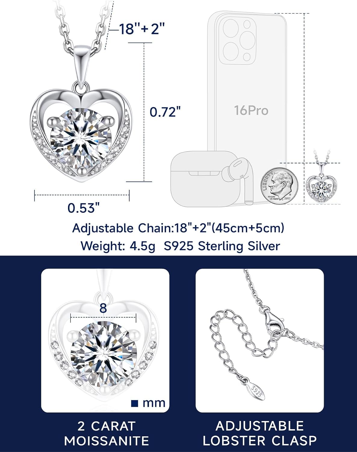 MomentWish Heart Necklace for Women Moissanite, Simulated Diamond, 925 Sterling Silver