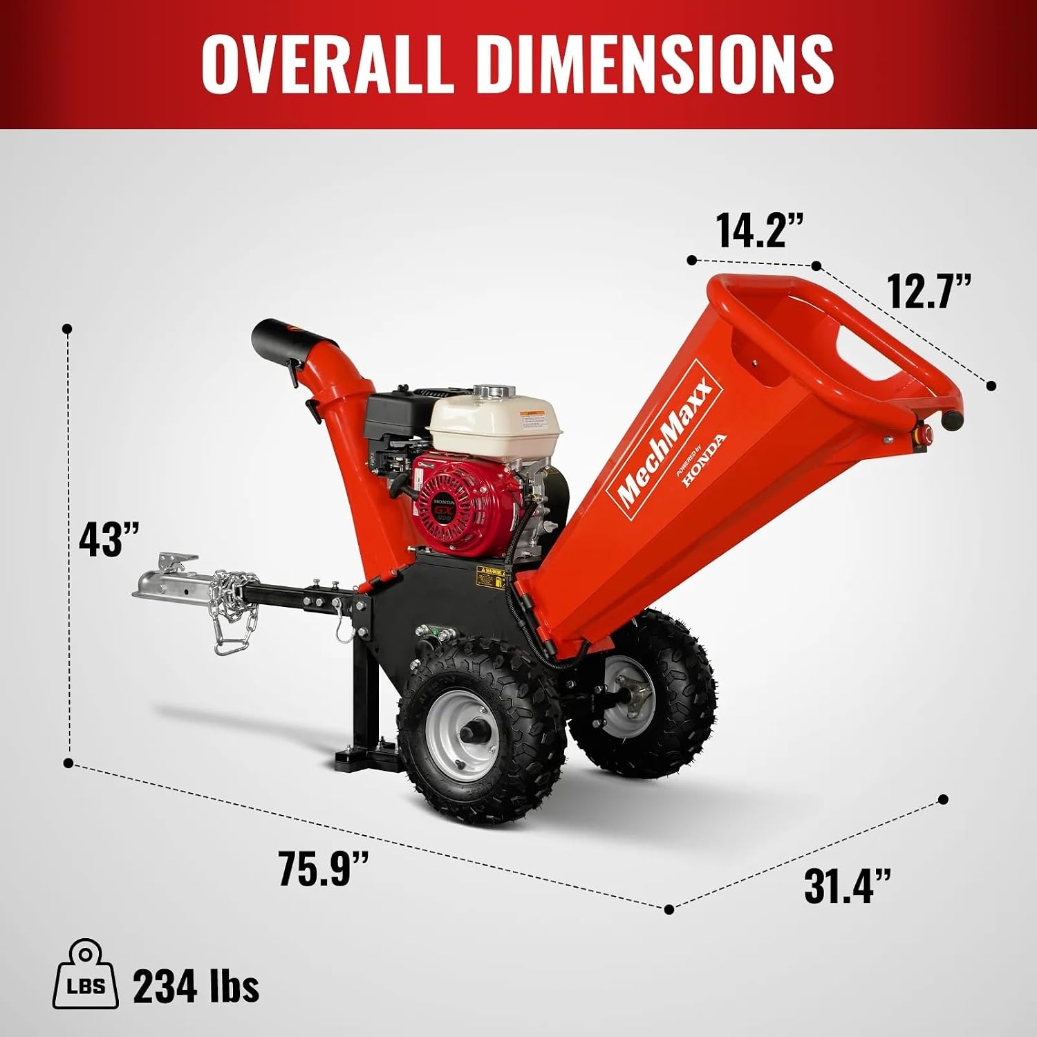 MechMaxx 4'' inch Honda 196cc 6.5HP Gasoline Engine Powered Towable Wood Chipper Shredder with Tow Bar, 4' Max Chipping Diameter Capacity, Emergency Stop Button, Model GS650