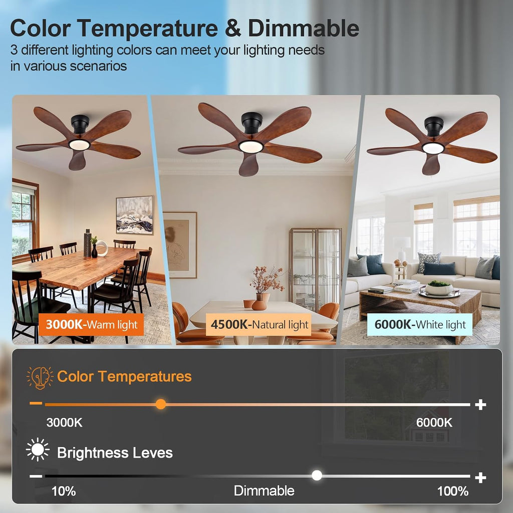 42 Inch Flush Mount Ceiling Fans with Lights and Remote, Dimmable 5 Blade Wood Outdoor Ceiling Fan Outdoor Fans for Patios Low Profile Modern Ceiling Fan with Light for Bedroom Living Room
