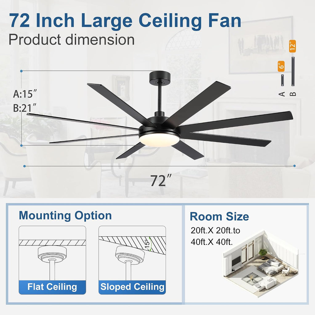 72 Inch Ceiling Fans with Lights - Large Black Ceiling Fan with Light and Remote for Bedroom Living Room Indoor - 6 Speeds Reversible DC Motor, 3 CCT, Timer Remote Control