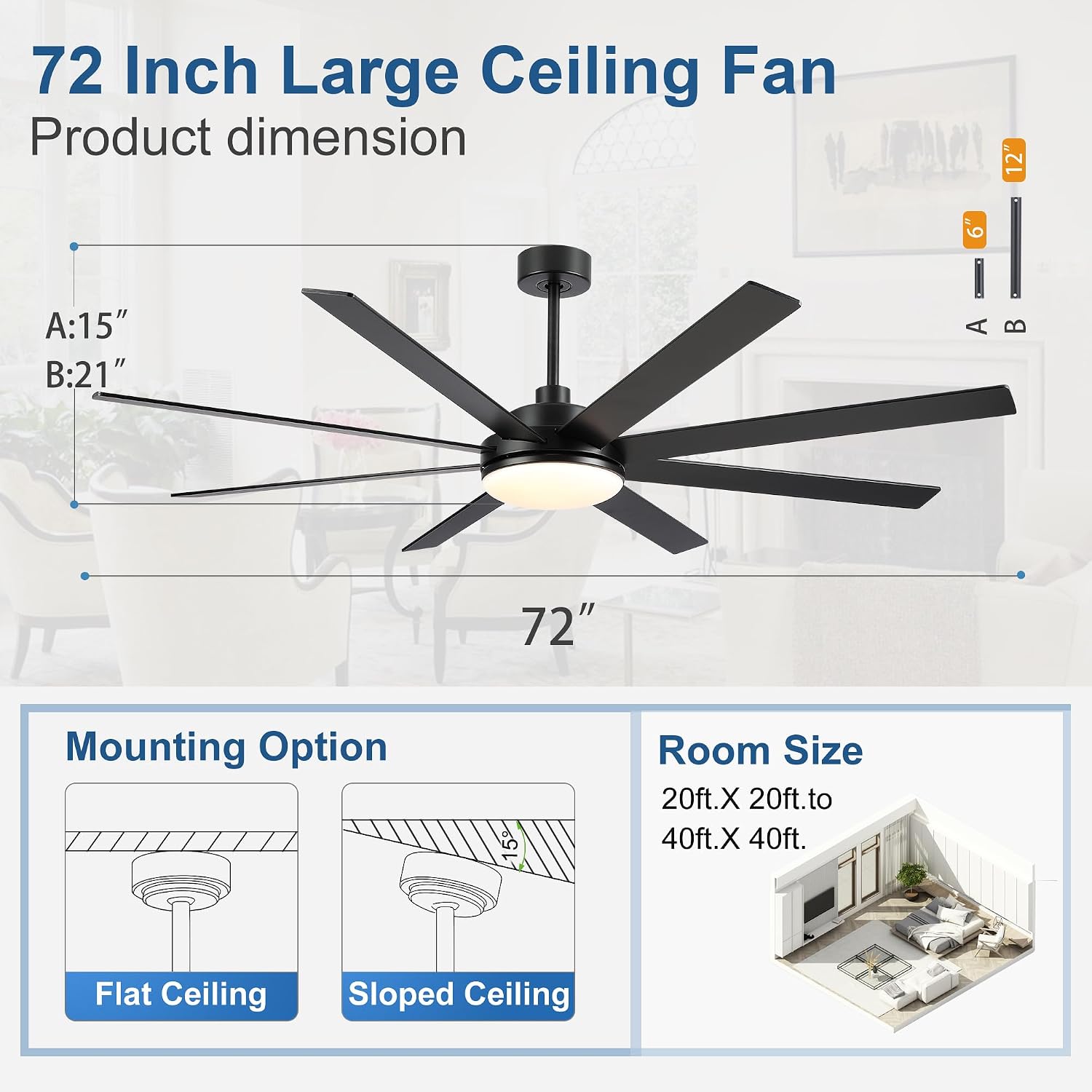 72 Inch Ceiling Fans with Lights - Large Black Ceiling Fan with Light and Remote for Bedroom Living Room Indoor - 6 Speeds Reversible DC Motor, 3 CCT, Timer Remote Control