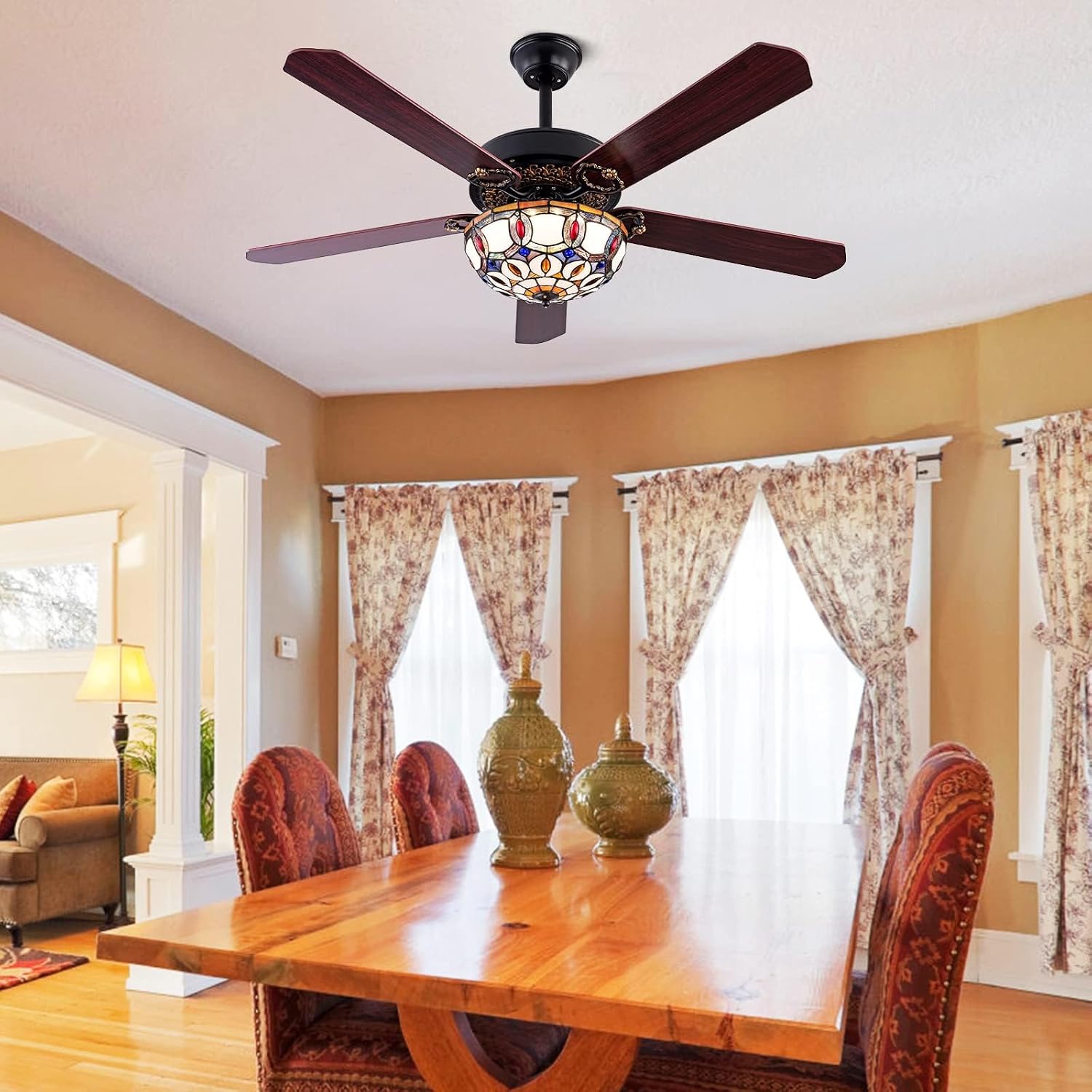 OUKANING Modern Crystal Chandelier Ceiling Fan Gorgeous Reversible Rural Retro Fandelier Light Fixture with Remote for Bedroom Living Room Kitchen