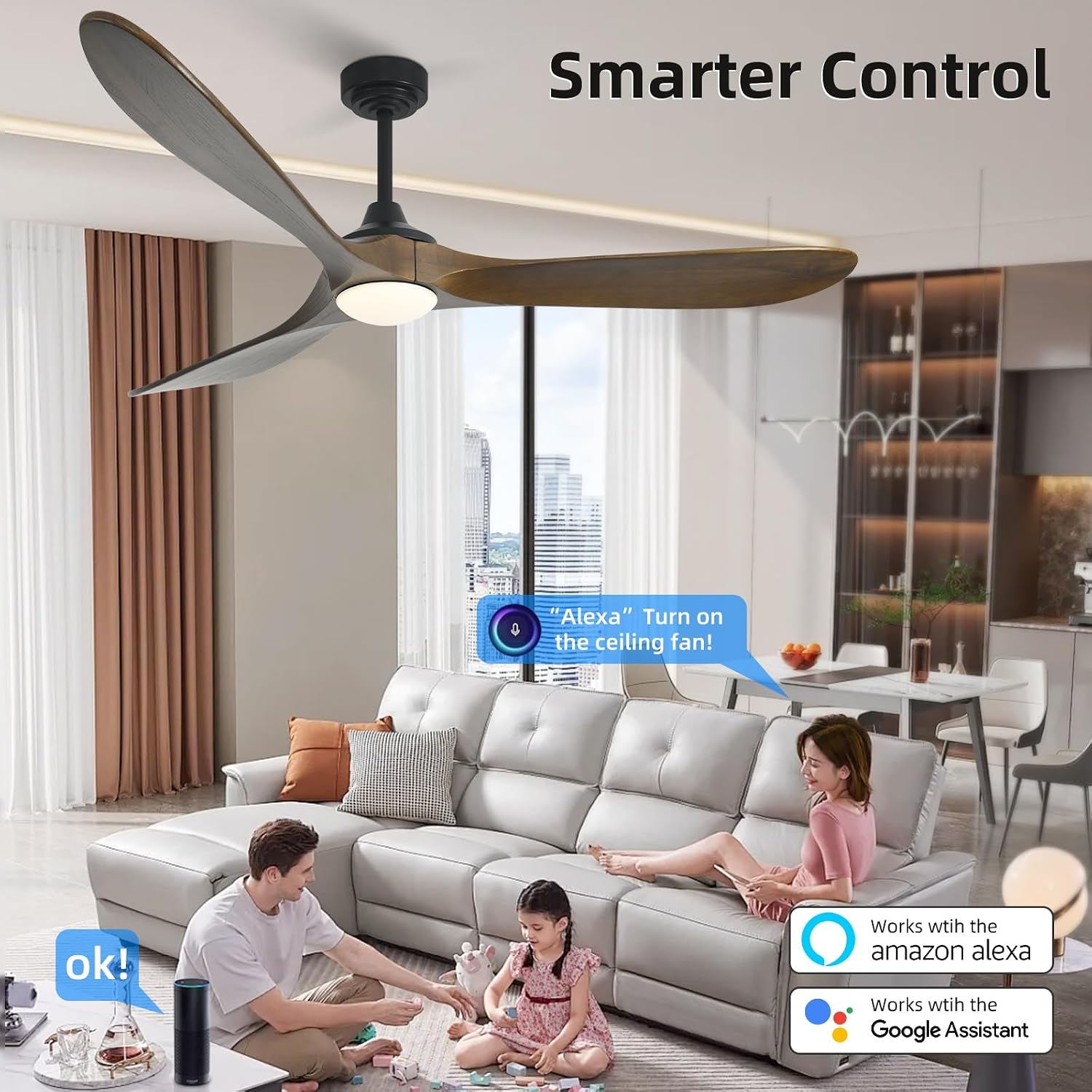 Ceiling Fan with Lights, 72'' Solid Wood Indoor/Outdoor Ceiling Fan with Quiet Reversible DC Motor, Compatible with Alexa/Google/App, 3CCT Dimmable, 6 Speeds Bronze Outdoor Fan for Patio Porch