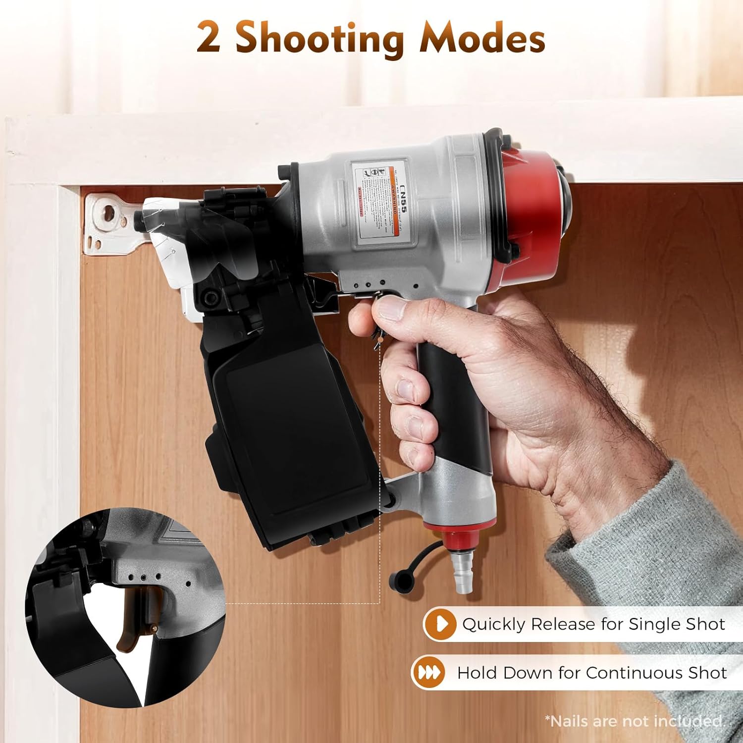 Professional Coil Nailer, Pneumatic Nailer CN55 Max Fastener Length 2', Pneumatic Siding Nailer 75-100PSI, Air Coil Nailer with Fast Fire Truck for Fast and Hard Woodworking, Wooden Pallets