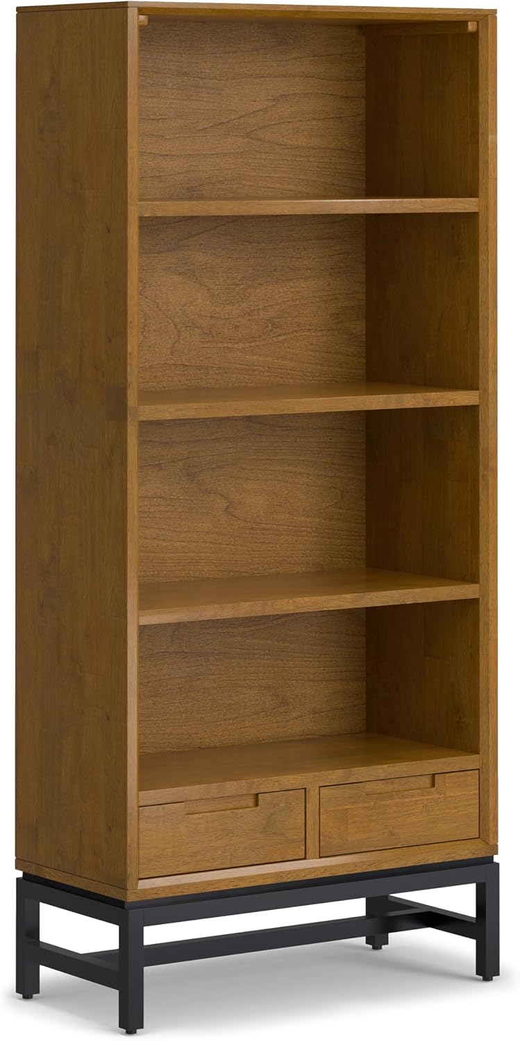 SIMPLIHOME Banting Desk and Bookcase Bundle - 60 inch Wide Solid Wood Desk with Drawers and 30 inch Wide 4-Shelf Bookcase in Medium Saddle Brown, Modern Industrial Home Office Furniture (Set of 2)
