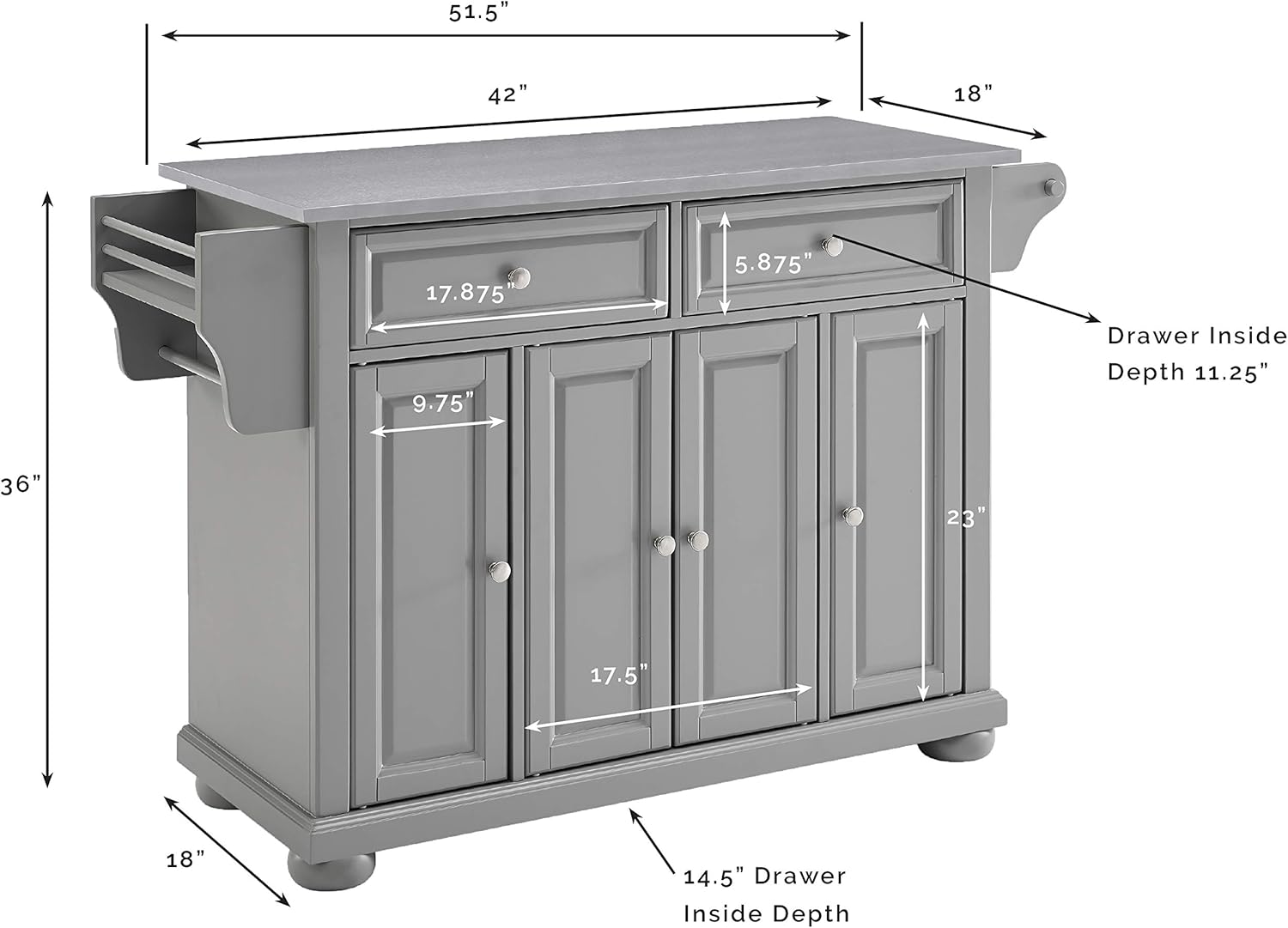 Crosley Furniture Full Size Stainless Steel Rolling Kitchen Island Storage Cart, Microwave Stand, Spice Rack, Gray