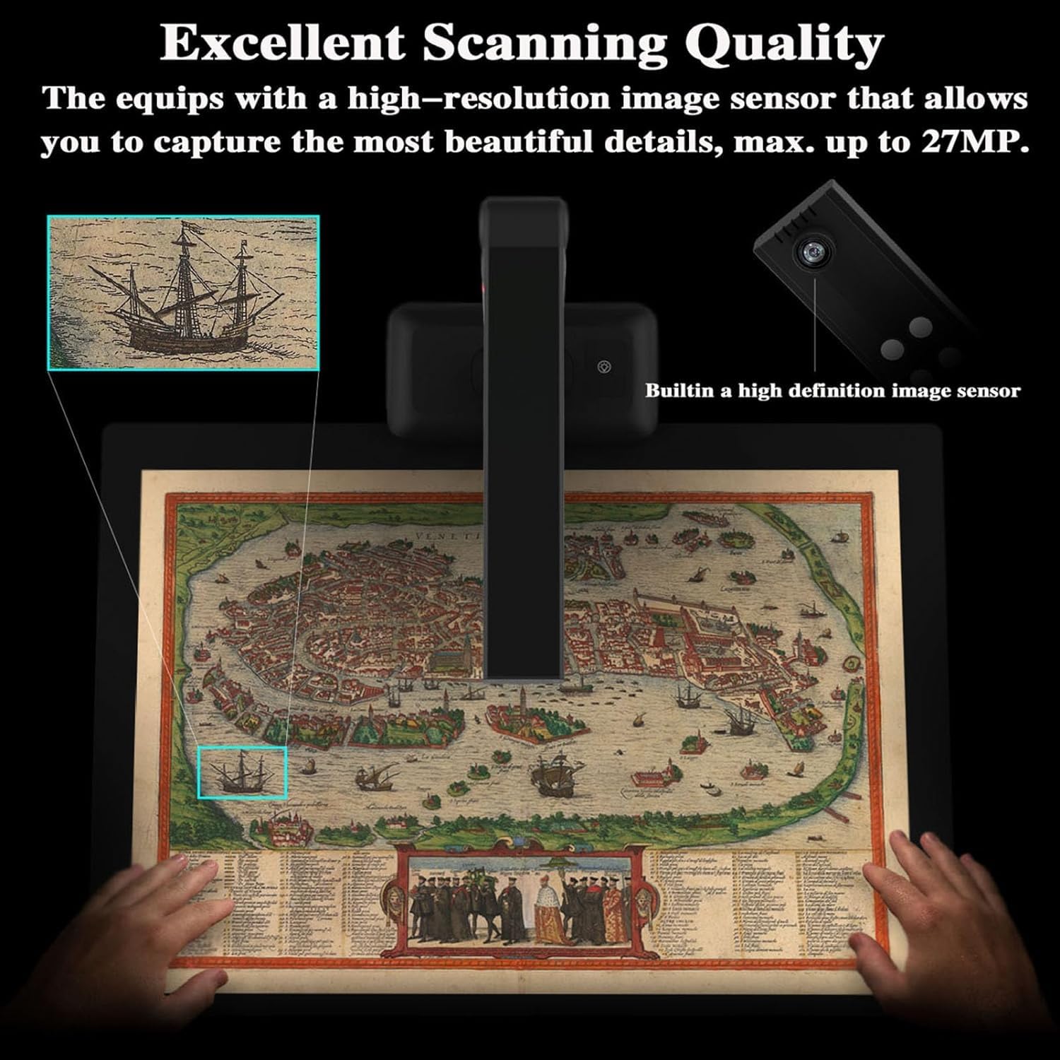 Large Format Book Scanner, Capture Size A2, 23MP High Resolution, with Auto-Flatten, Fingerprint Removal Technologies, Adjustable Height, Multi-Language OCR