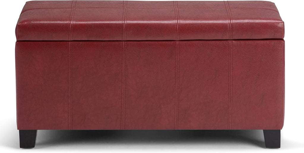 SIMPLIHOME Dover Storage Ottoman Bench - 36 inch Wide Upholstered Vegan Leather Rectangular Lift-Top Ottoman in Radicchio Red, Contemporary Bench for Living Room with Safety Hinges