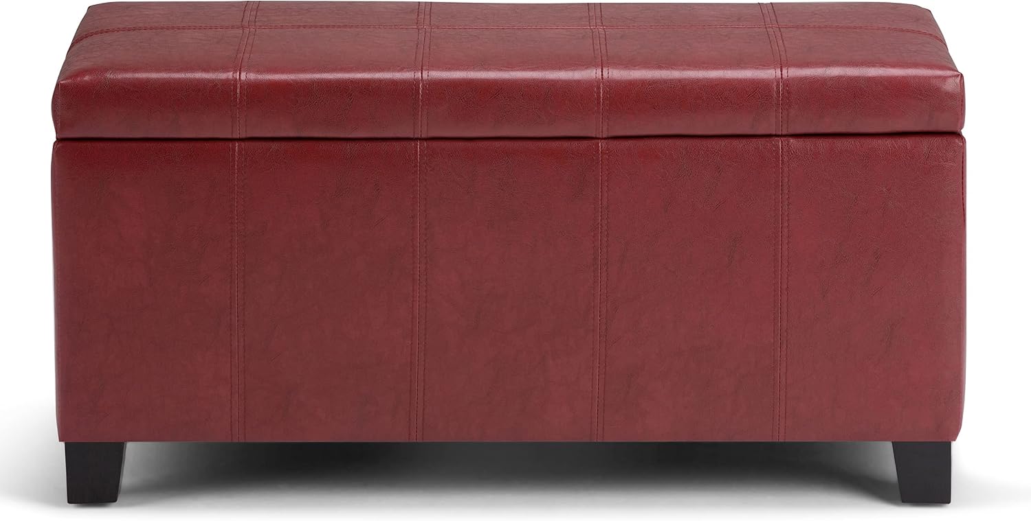 SIMPLIHOME Dover Storage Ottoman Bench - 36 inch Wide Upholstered Vegan Leather Rectangular Lift-Top Ottoman in Radicchio Red, Contemporary Bench for Living Room with Safety Hinges