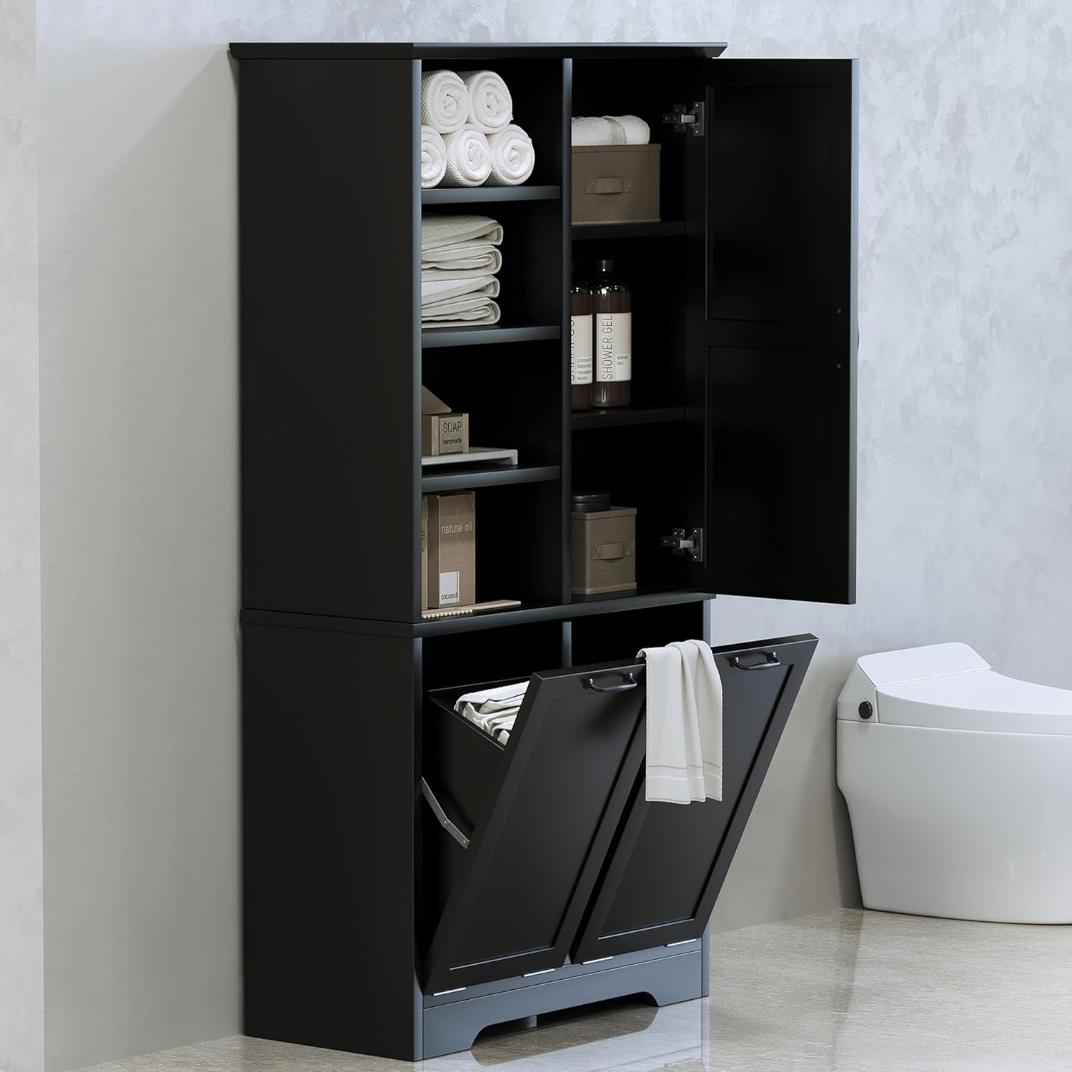 Merax Cabinet with Tilt-Out Laundry Hamper Basket, Tall Bathroom Storage Organizer Linen with Open Shelf for Home, Freestanding, Black