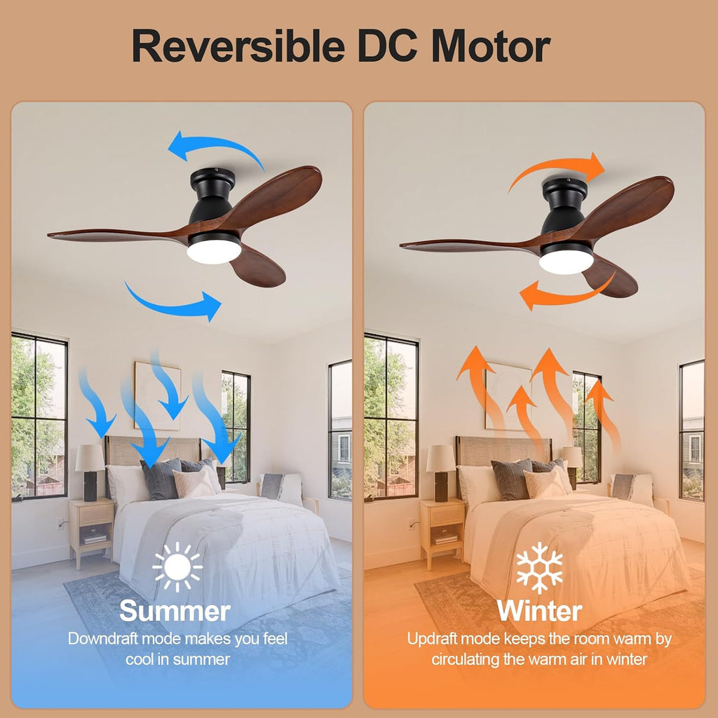 42 Inch Flush Mount Ceiling Fans with Lights and Remote, Dimmable 3 Blades Wood Bedroom Ceiling Fan with Lights Low Profile Ceiling Fan with Light Black Outdoor Ceiling Fans for Patios Living Room
