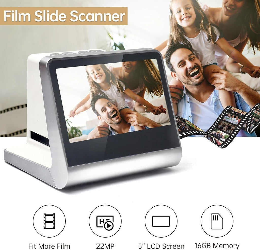 5-inch Screen 22MP Film Scanner,135 Film/126KPK/110 Film/Super8/Monochrome/Slide to Digital JPEG Photos