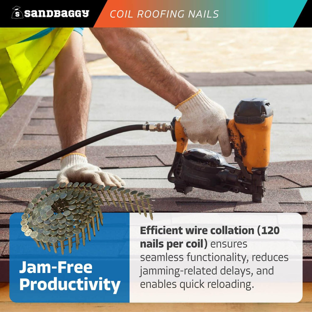Sandbaggy 1-1/4' Coil Roofing Nails For Shingles - 15 Degree - Galvanized - Wire Collated, 11 Gauge - 120 Nails Per Coil (240)