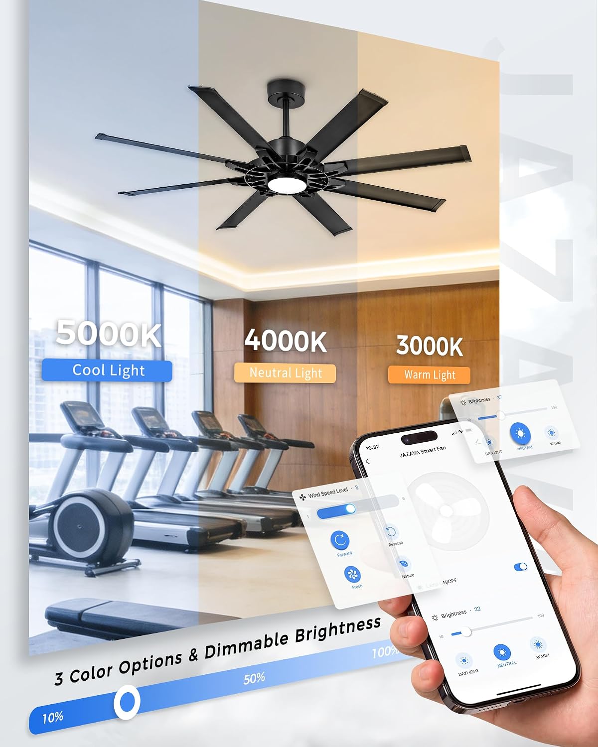 60 Inch Ceiling Fan with Light, Black Indoor Outdoor Ceiling Fan with 8 Aluminium Metal Blades, Smart Fan with Alexa, Modern Quiet Fan for Patio, Garage, Living Room, ZCCF05ABK-60